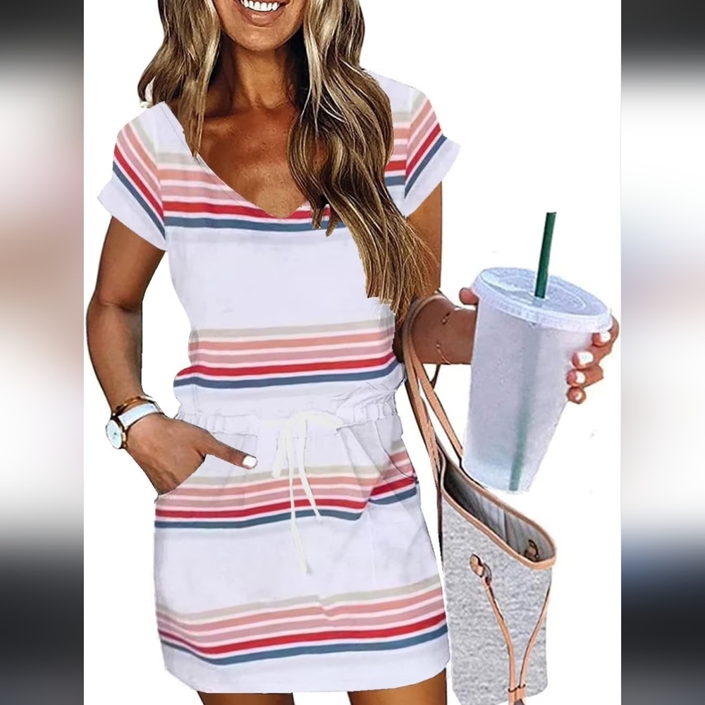 Striped Casual Summer Dress Lantern Sleeve Nwot Size Medium